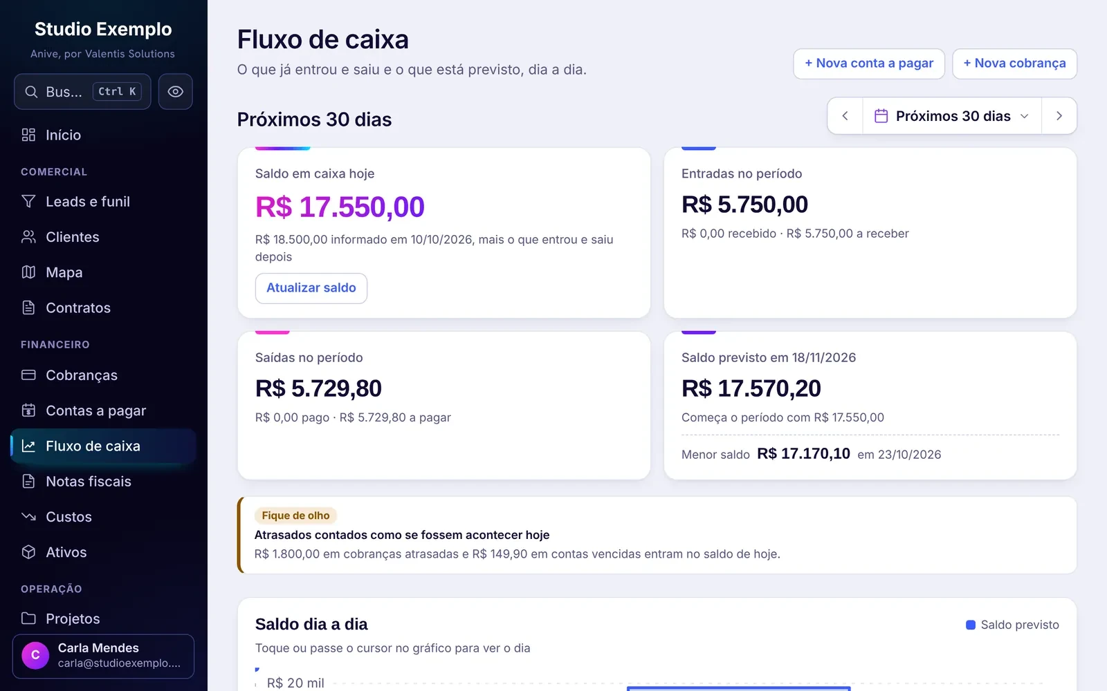Fluxo de caixa do Anive: saldo de hoje, entradas, saídas e saldo previsto para os próximos 30 dias