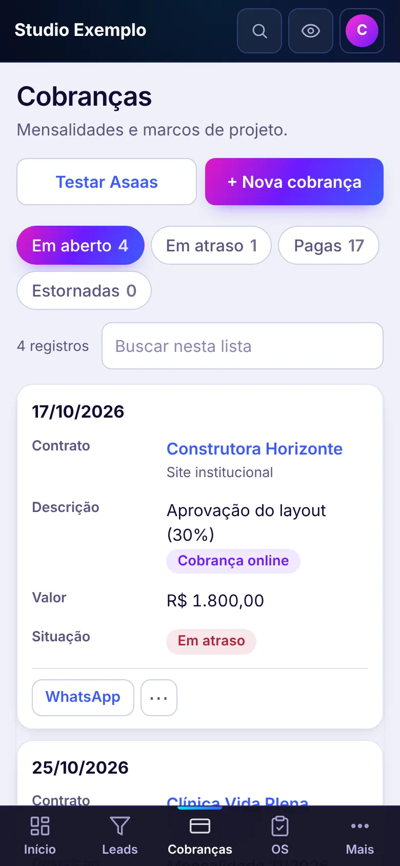 Tela de cobranças do Anive