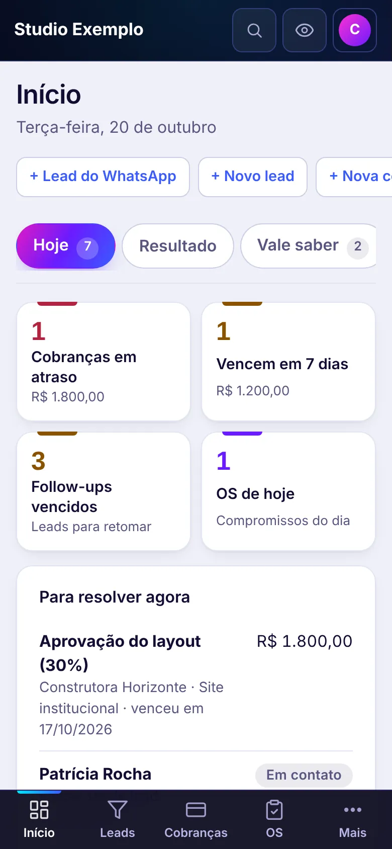 Início do Anive, aba Hoje: cobranças em atraso, retornos de leads e ordens de serviço do dia