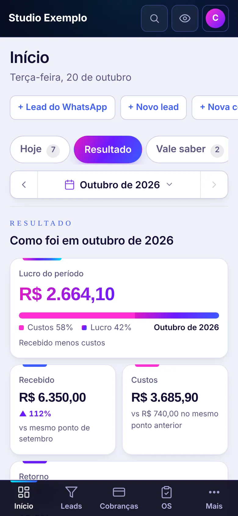Início do Anive, aba Resultado: lucro do período, recebido, custos e retorno (ROI e ROA)