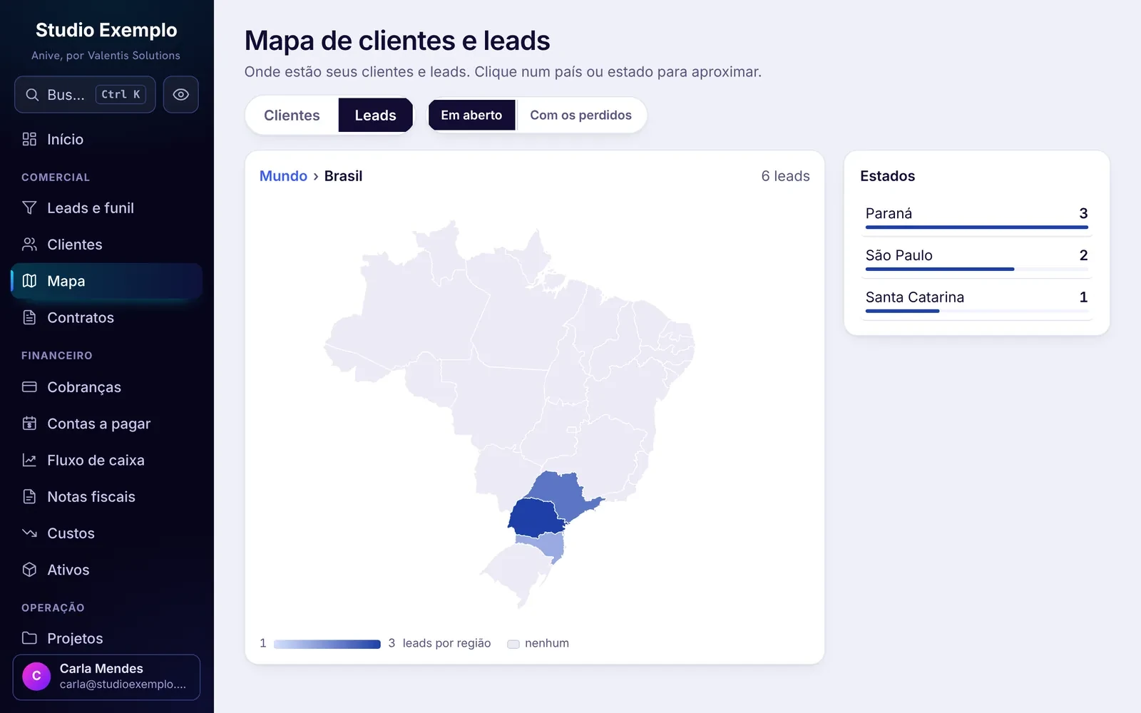 Mapa de leads por estado no Anive