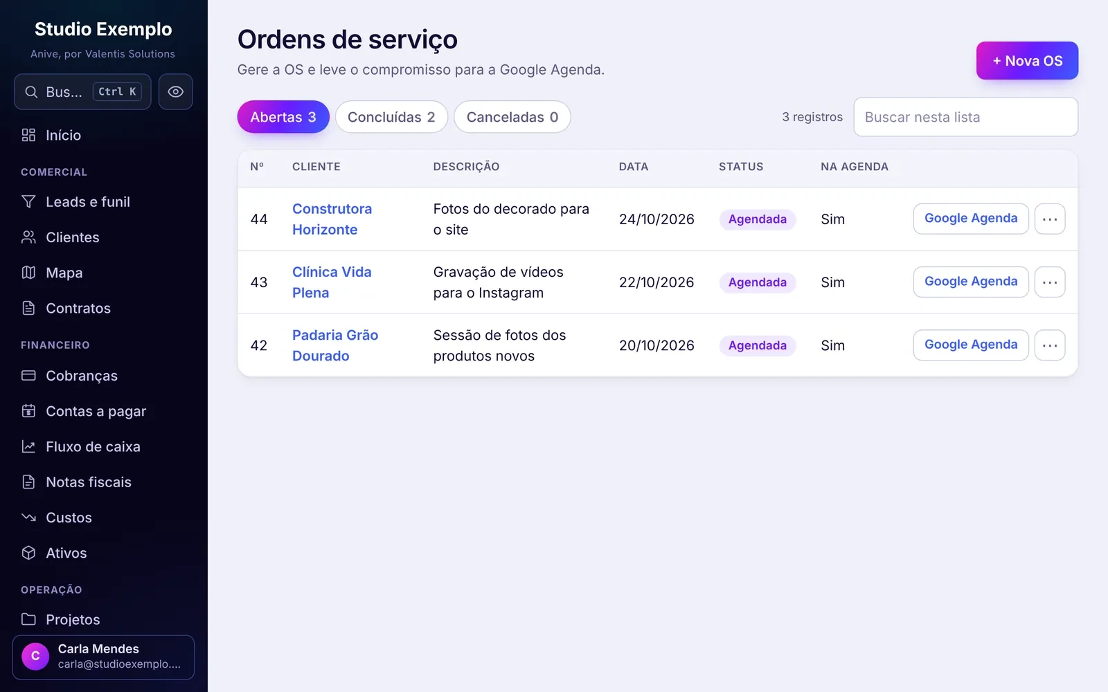 Ordens de serviço do Anive, agendadas na Google Agenda da equipe