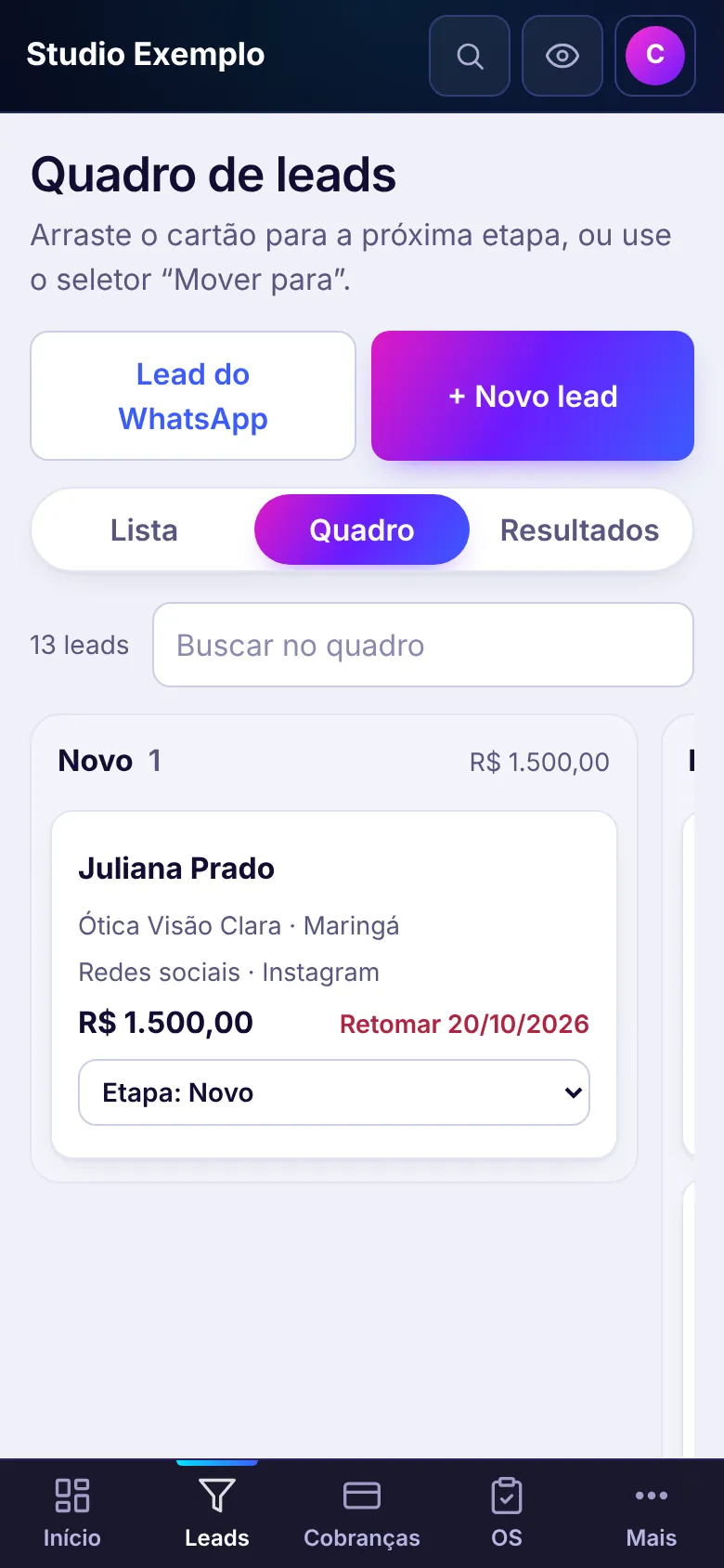 Quadro de leads do Anive, com os negócios por etapa